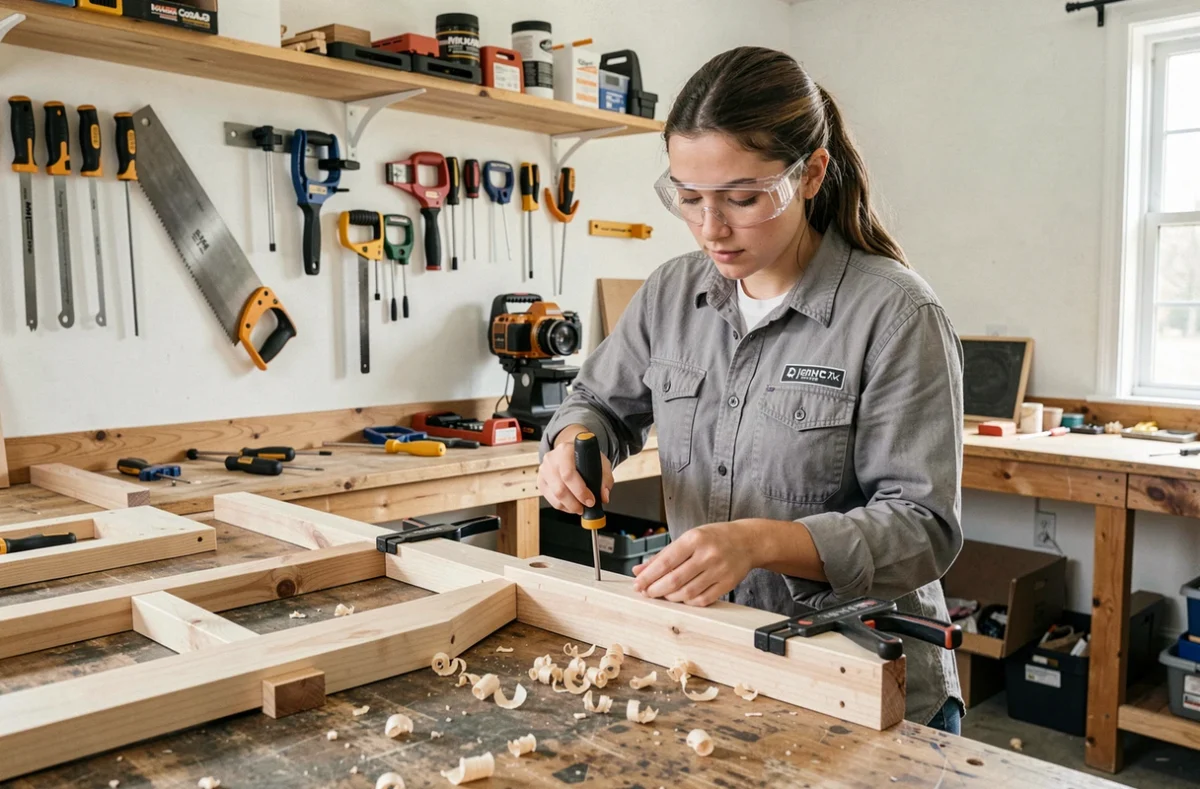 Femme assembling des meubles en bois avec des outils manuels abordables dans un garage aménagé en atelier