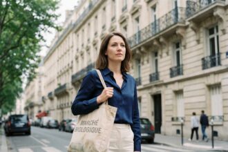 Femme en blouse bleue et pantalon crème dans Paris 16