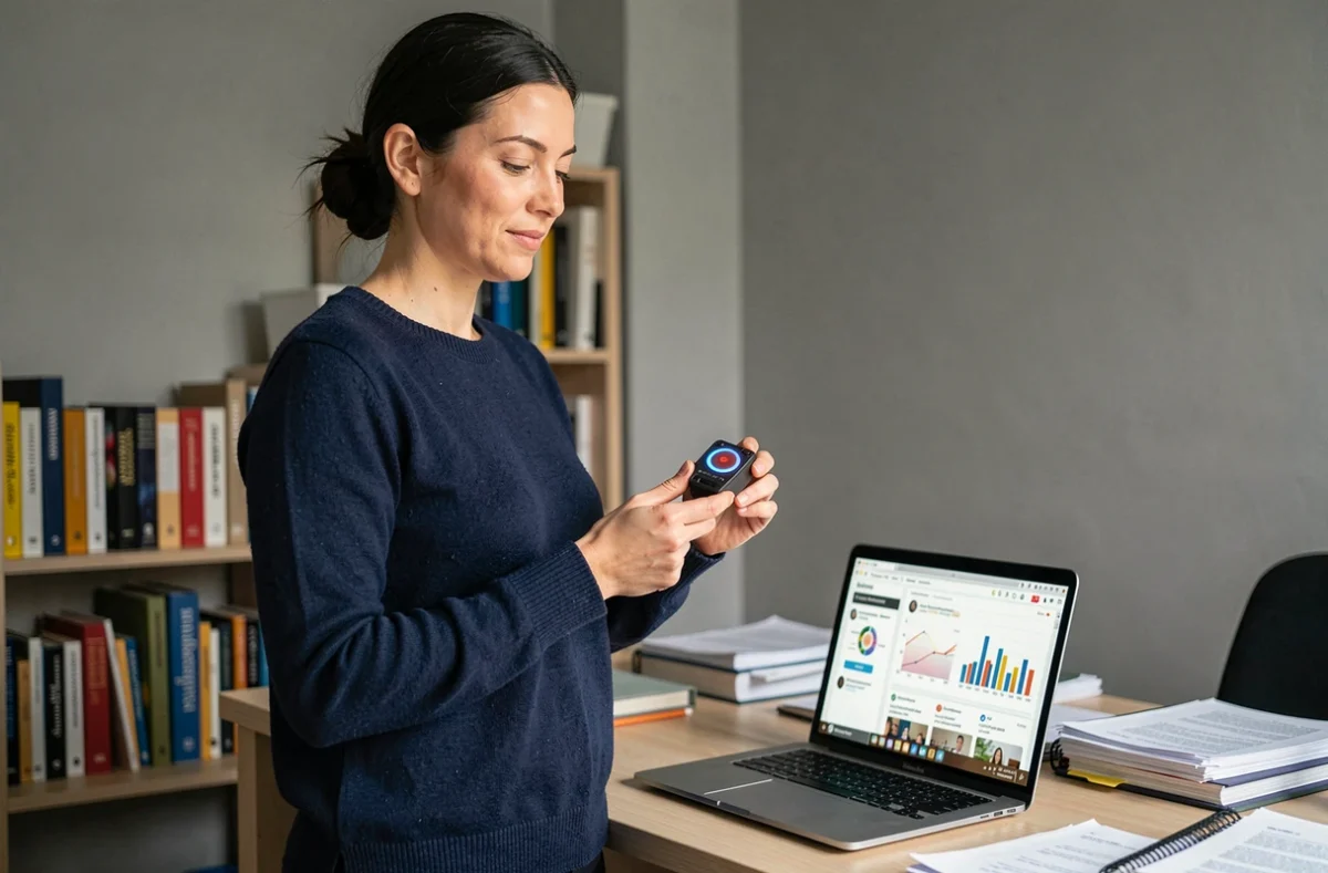 Femme consultant des avis en ligne sur un ordinateur portable tout en tenant un inverseur de polarité électromagnétique dans un bureau à domicile