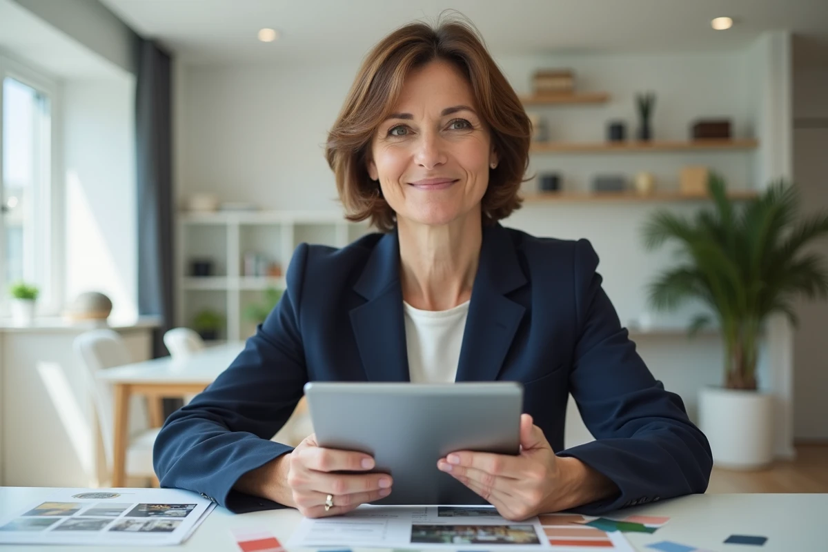 Femme consultant un avis en ligne sur une tablette numérique entourée de brochures de rénovation, représentant l'évaluation d'un service de rénovation en 2026