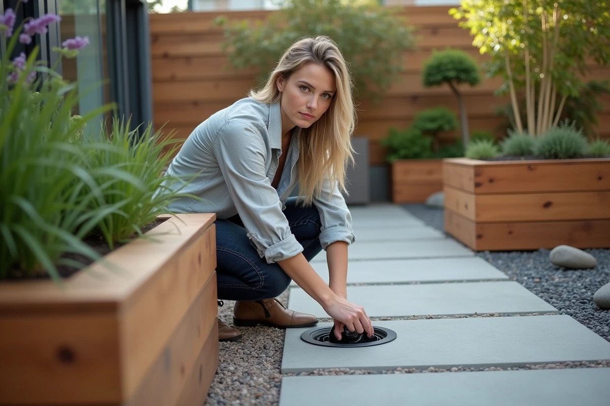 Femme branchant un câble d'éclairage de jardin sur une prise extérieure IP44 encastrée dans un patio en béton