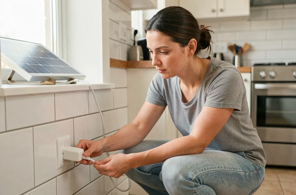 Femme branchant un câble de panneau solaire sur une prise domestique dans une cuisine moderne