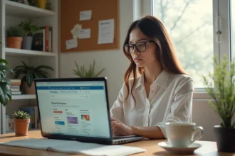Jeune femme au bureau regardant son ordinateur portable