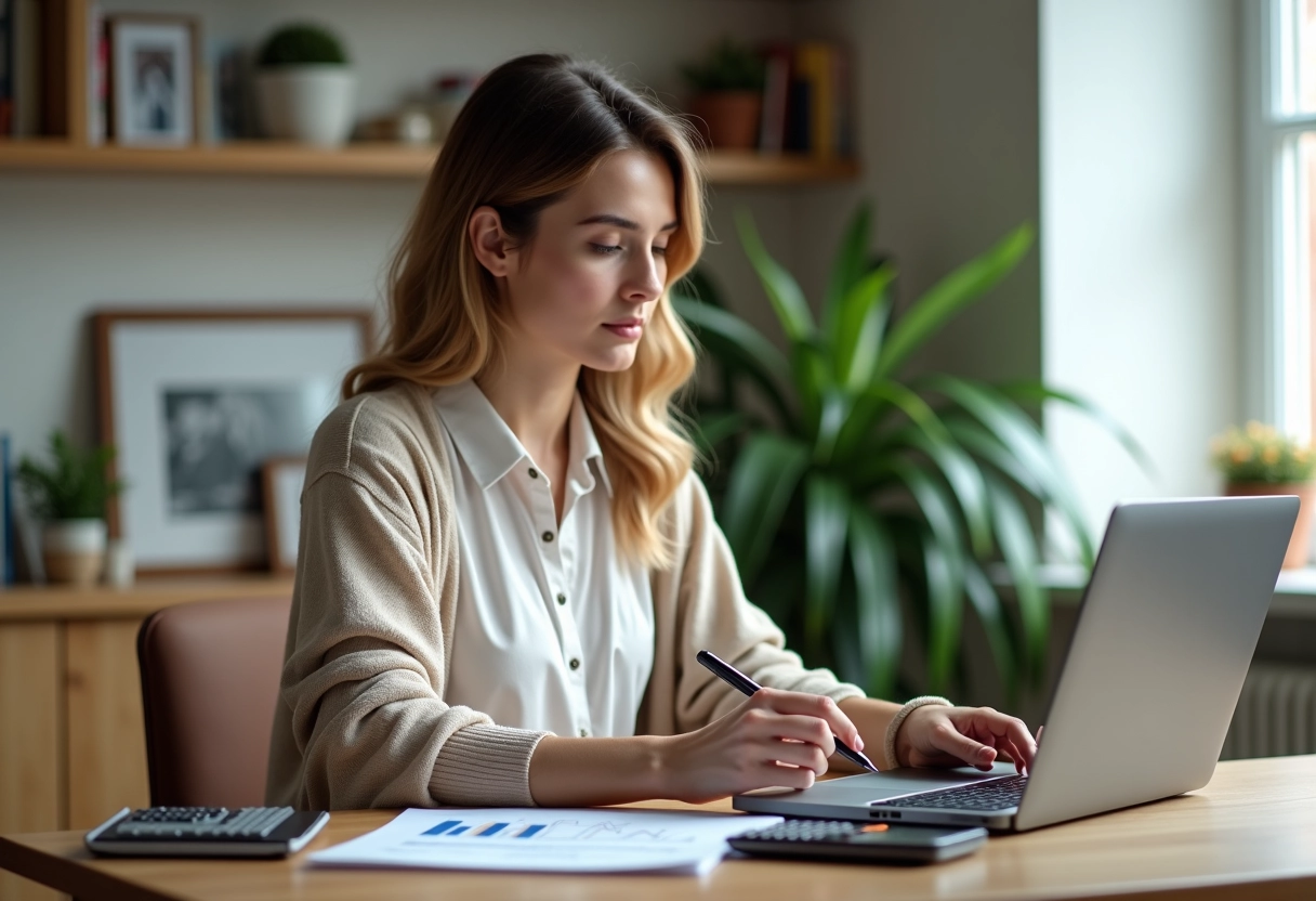 Jeune femme analyse un graphique sur son ordinateur dans un bureau