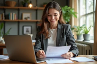 Femme souriante vérifiant une réservation dans un bureau cosy