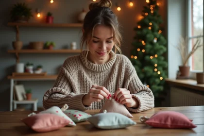 Femme en tricot préparant des sachets de Noël dans un intérieur chaleureux