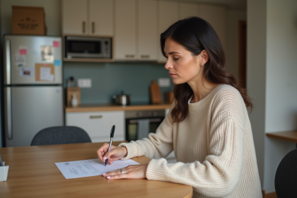 Femme remplissant un formulaire de changement d'adresse dans une cuisine