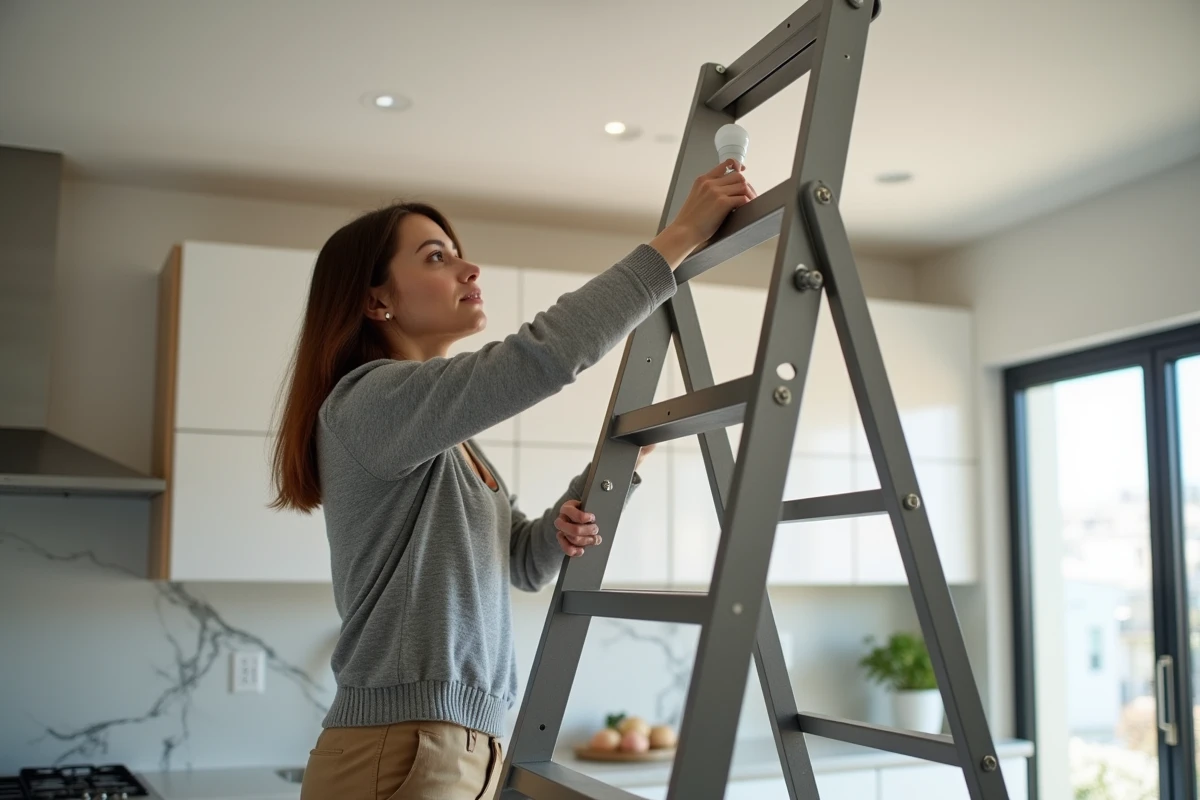 Jeune femme sur une échelle tente de fixer une ampoule LED dans une cuisine