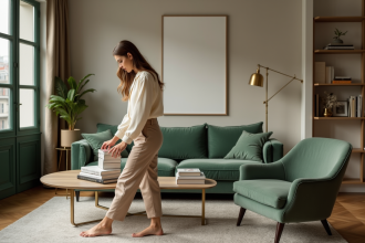 Femme élégante arrangeant des livres d'art dans un salon chic