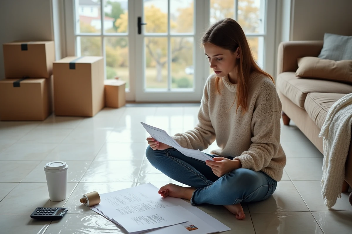 Jeune femme compare des échantillons de carrelage dans le salon