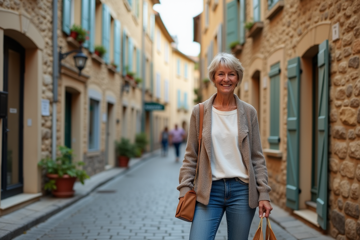 Femme souriante dans une rue pavée de France