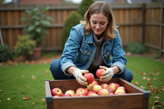 Femme en jardinage compostage avec pommes abîmées