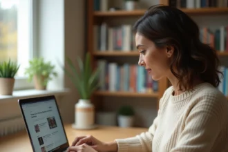 Femme consultant un site d'informations en ligne sur un ordinateur portable dans un bureau moderne