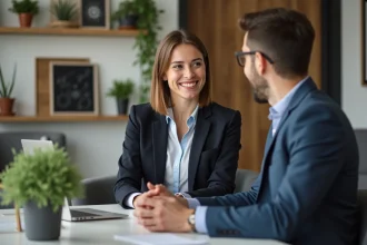 Femme en blazer discutant avec un consultant dans un bureau moderne