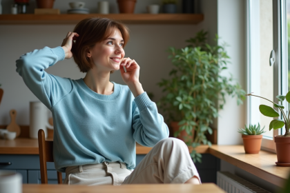 Jeune femme en intérieur cosy regardant par la fenêtre