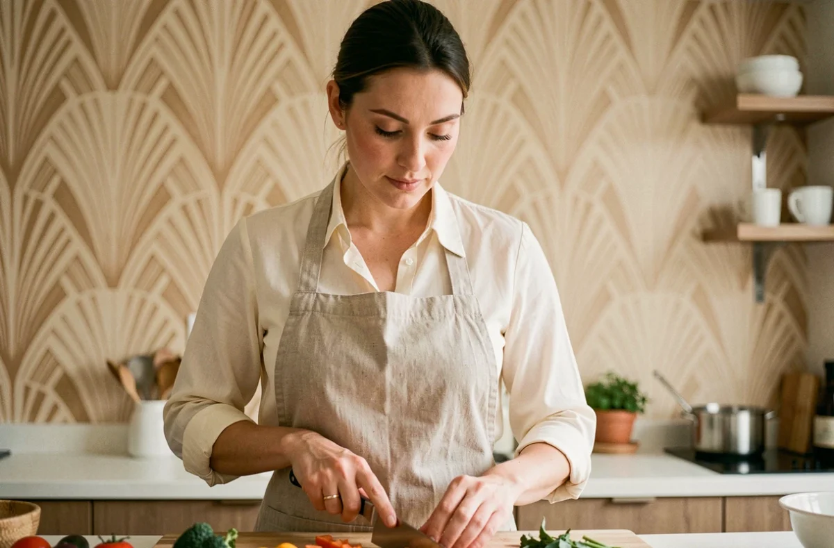 Femme préparant des légumes dans une cuisine avec papier peint beige à motifs Art Déco graphiques en arrière-plan