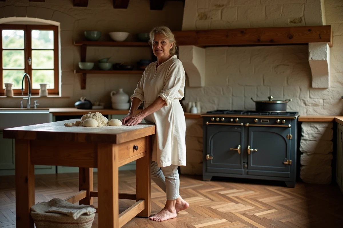 Femme en tablier de lin pétrissant de la pâte dans une cuisine rustique avec parquet en bois et murs en pierre