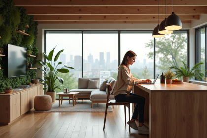 Femme d'âge moyen travaillant sur une tablette dans une cuisine moderne
