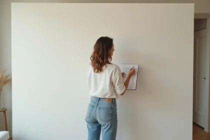 Femme en jeans et chemise blanche dessinant un aménagement de chambre