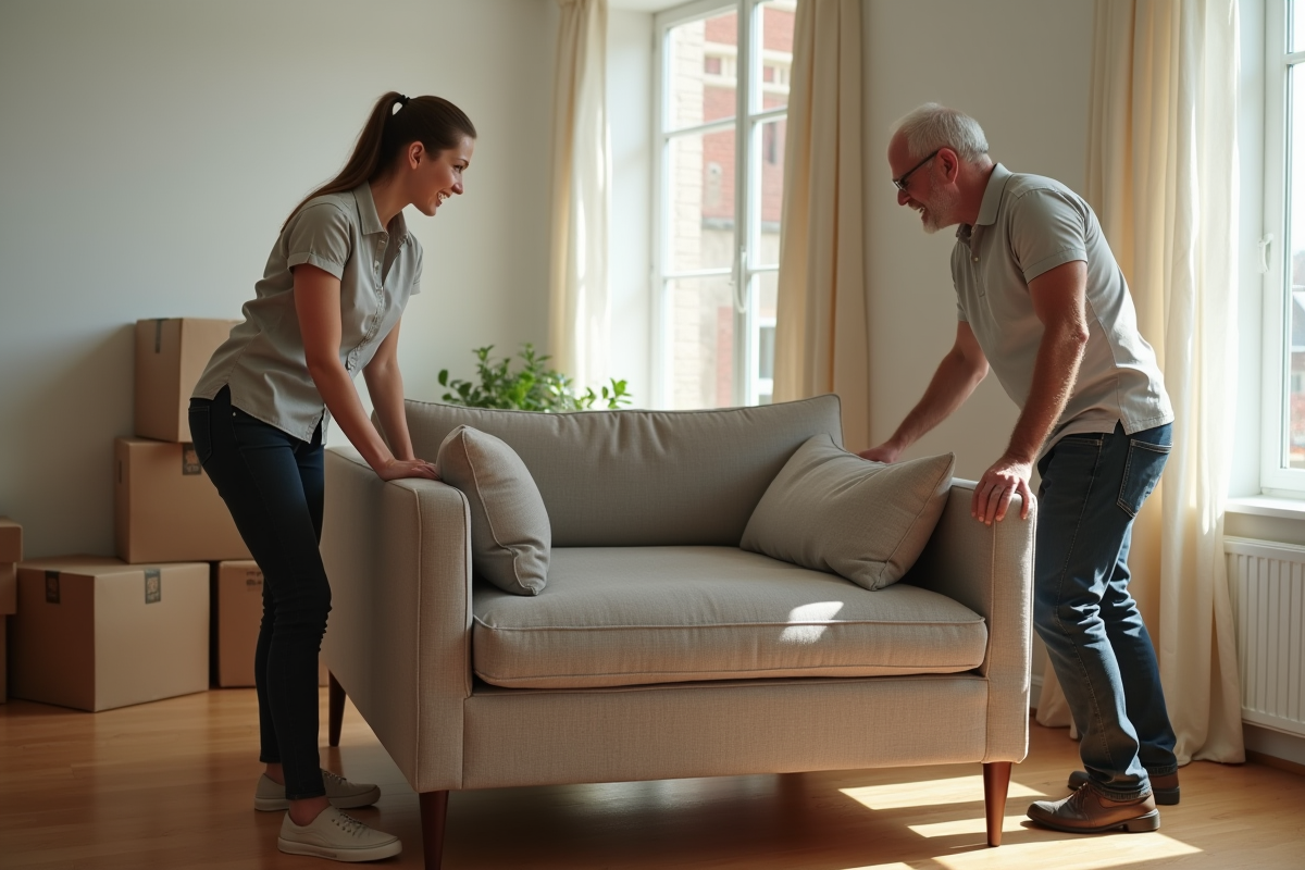 Jeune femme et homme déplaçant un canapé dans le salon