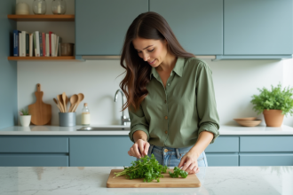 Femme arrangeant des herbes fraîches dans une cuisine moderne