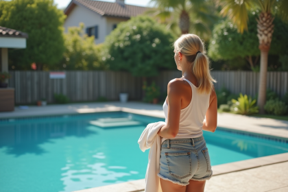 Femme inquiète près d'une piscine sécurisée en extérieur