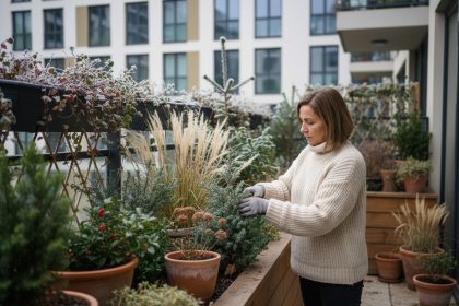 Femme d'âge moyen dans un jardin urbain d'hiver