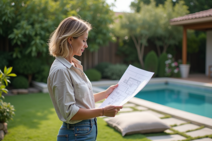 Femme regardant un plan de piscine dans un jardin