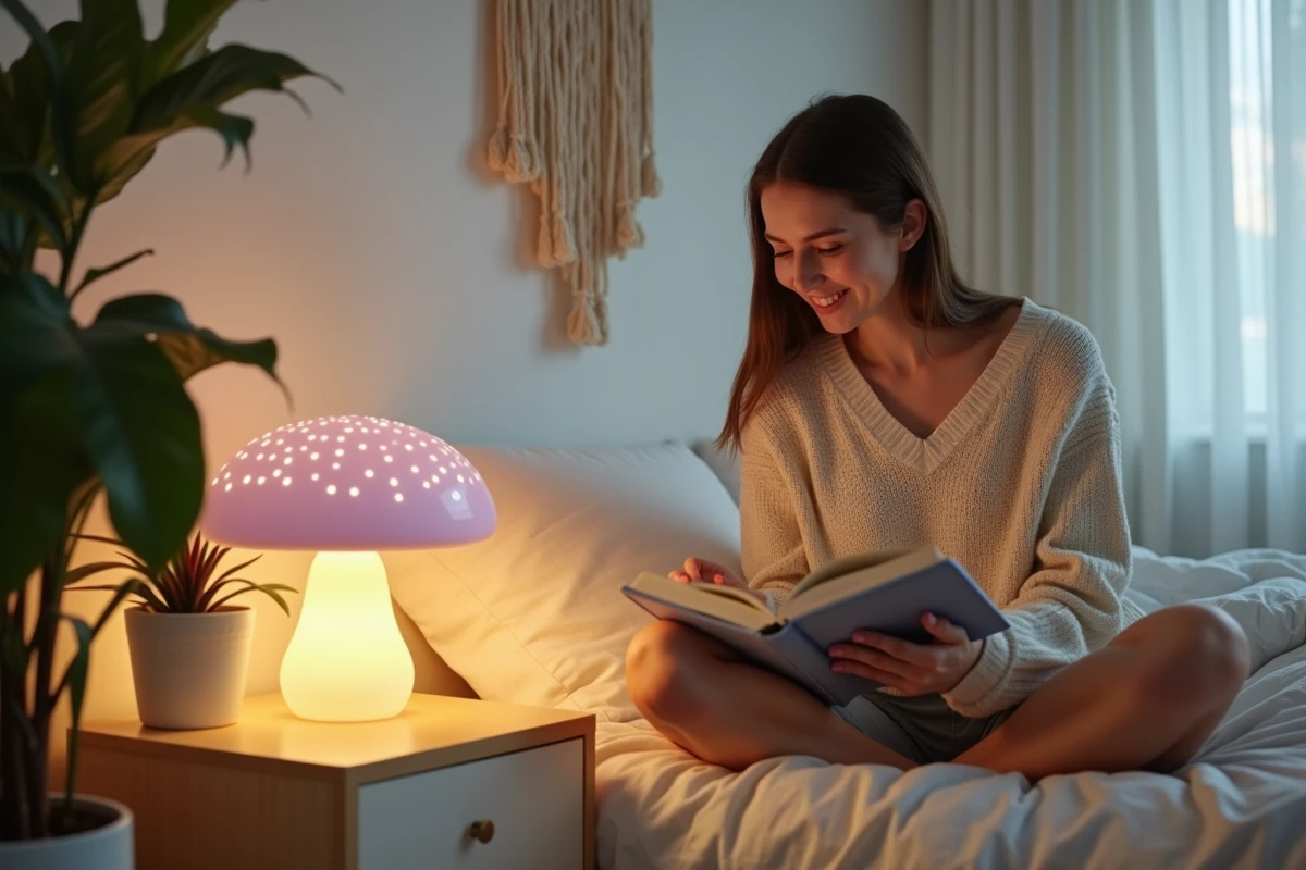 Femme lisant dans son lit à côté d'une lampe de chevet champignon lavande dans une chambre bohème et cosy