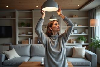 Femme ajustant un luminaire moderne dans son salon spacieux