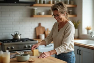 Femme versant du savon fondu dans un moule en silicone dans la cuisine