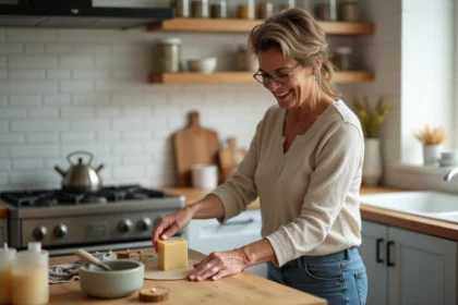 Femme versant du savon fondu dans un moule en silicone dans la cuisine