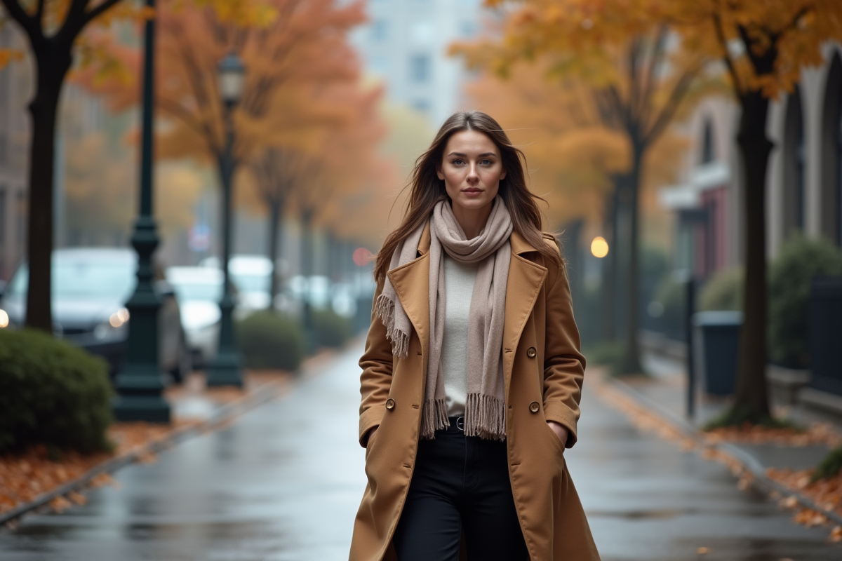 Femme en trench marche dans une rue automnale
