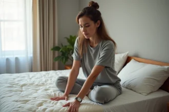 Femme insatisfaite testant un matelas affaissé dans une chambre réaliste, illustrant les défauts de qualité d'une mauvaise marque de matelas