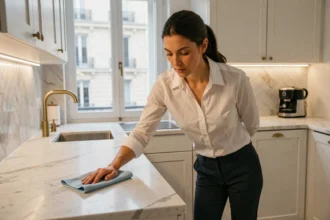Femme de ménage professionnelle essuyant un plan de travail en marbre dans une cuisine moderne parisienne