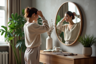 Femme regardant son reflet dans un miroir rond dans un salon moderne