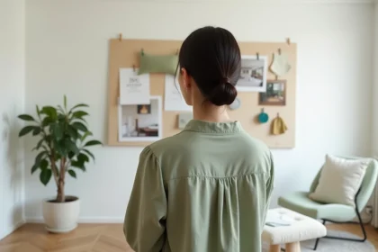 Femme consultant un moodboard de décoration intérieure avec des échantillons de tissu et couleurs dans un appartement moderne