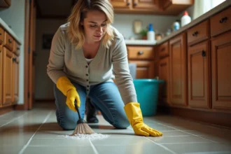 Femme en vêtements décontractés examine une infestation de larves dans une cuisine