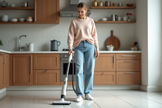 Femme utilisant un nettoyeur vapeur dans une cuisine lumineuse