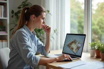 Femme au bureau regardant un plan Kazaplan 3D sur son ordinateur
