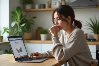 Femme pensant devant un ordinateur dans une cuisine moderne