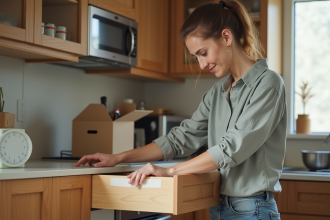 Jeune femme sécurise un tiroir de cuisine avec du ruban