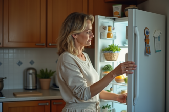 Femme d'âge moyen ouvrant doucement le frigo à la maison