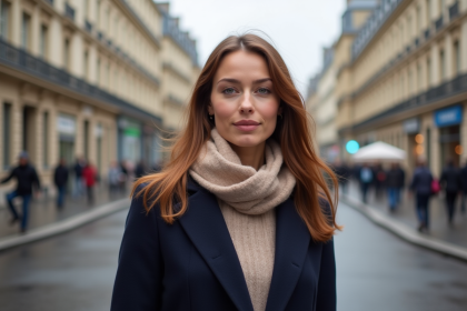 Femme en manteau bleu et écharpe à Paris