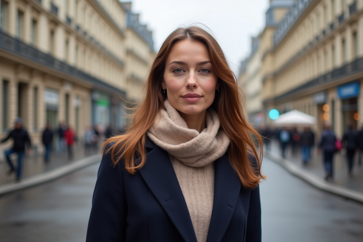 Femme en manteau bleu et écharpe à Paris
