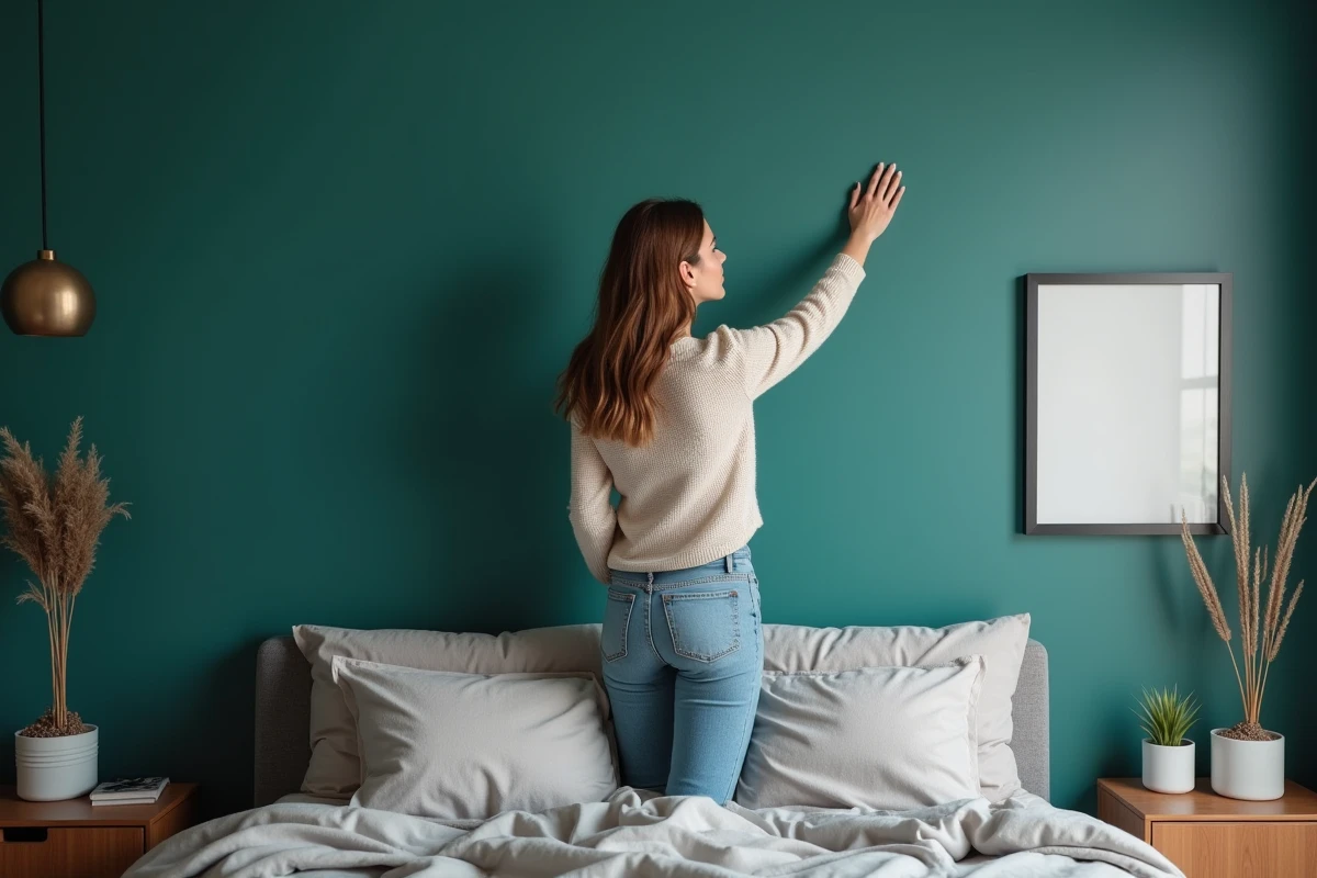 Femme dans une chambre moderne devant un mur teal