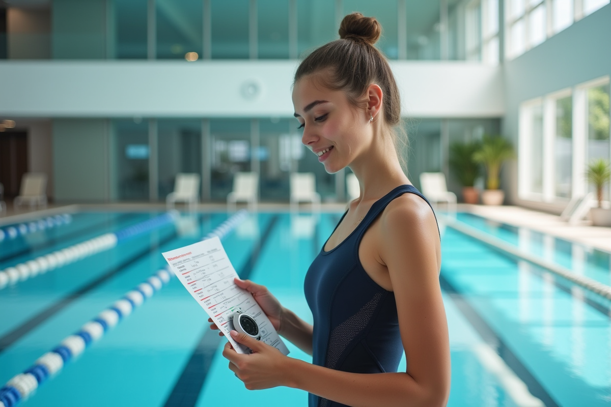 Jeune femme en maillot de sport regardant un chronomètre au bord de la piscine intérieure