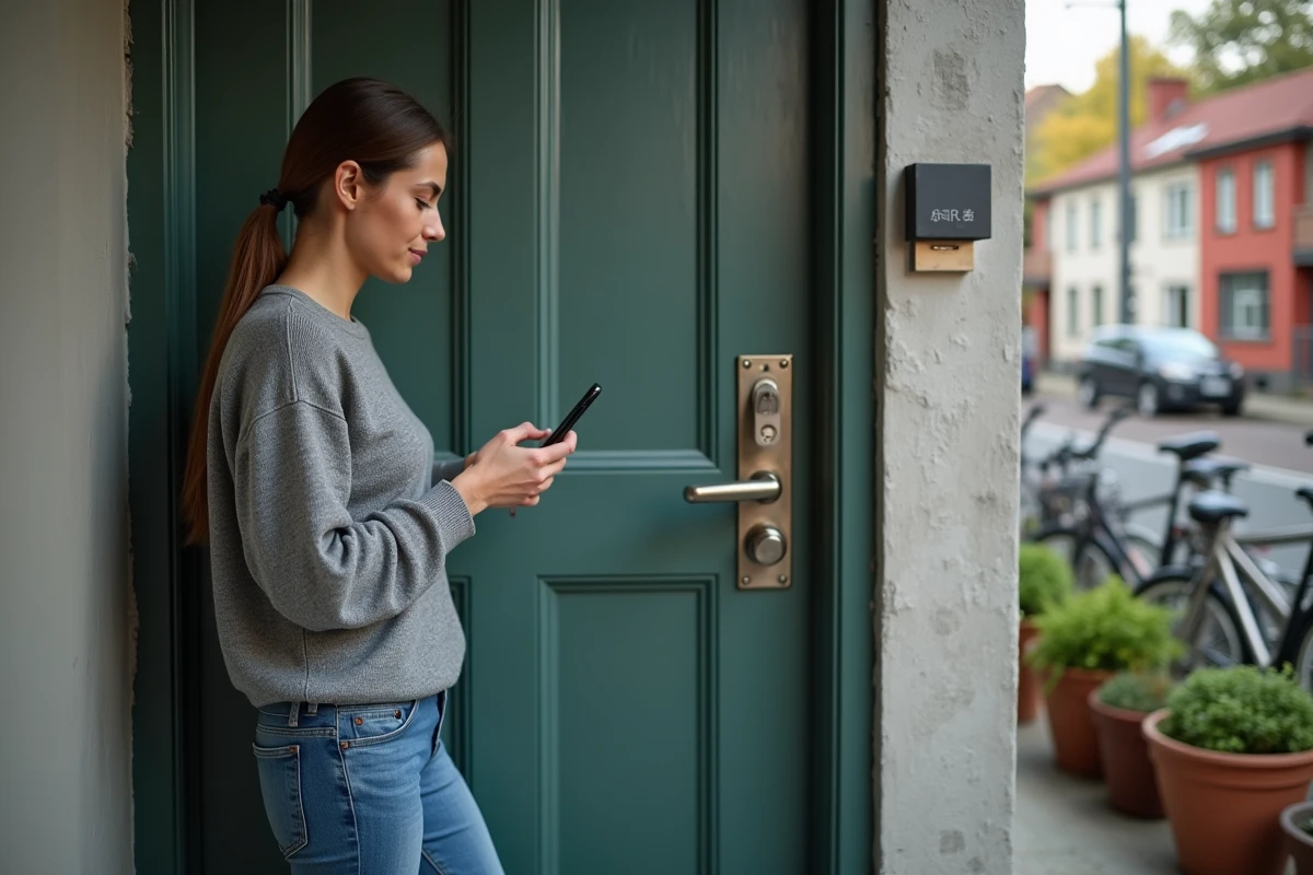 Jeune femme testant une serrure extérieure