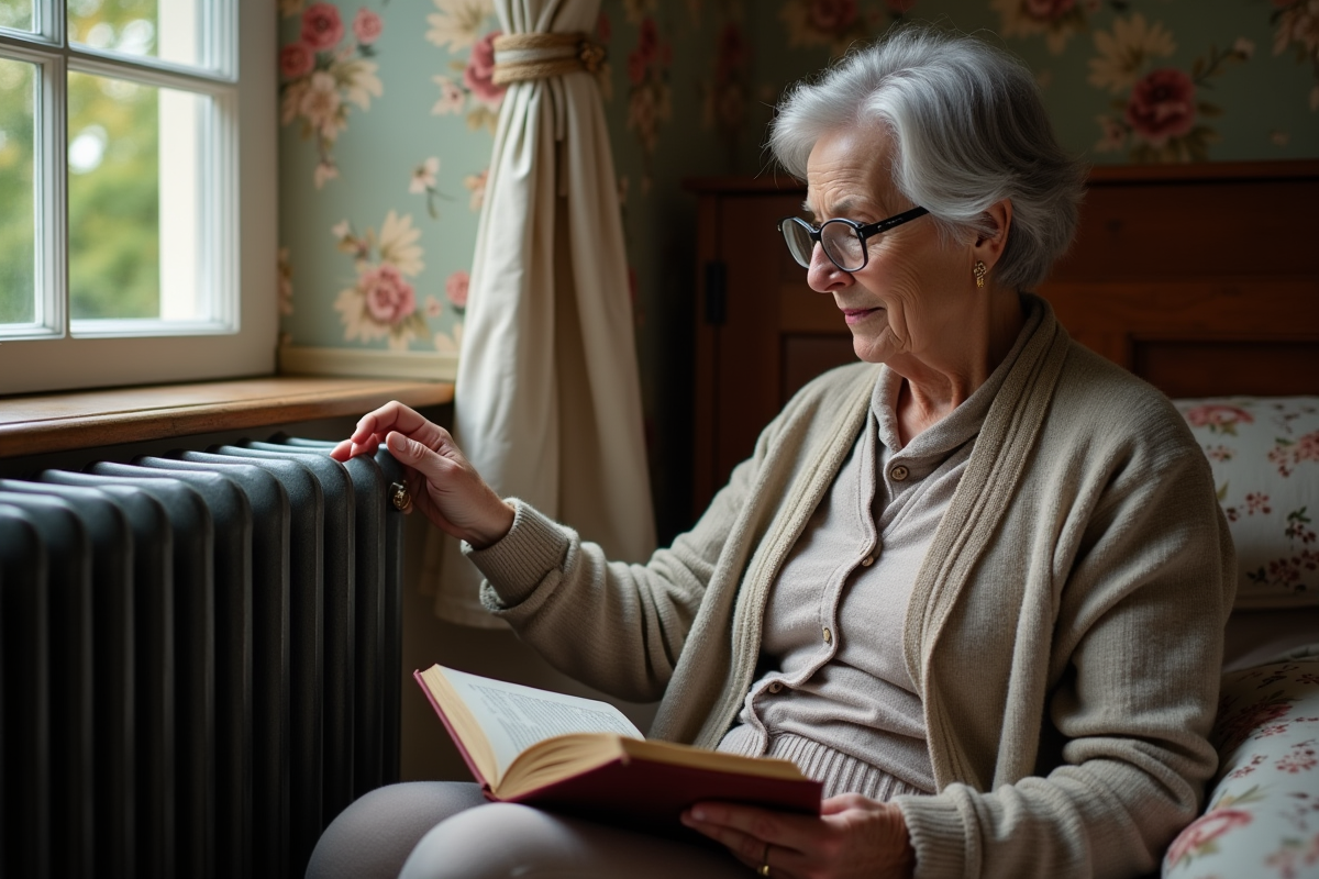 Femme âgée ajustant le radiateur dans une chambre victorienne chaleureuse