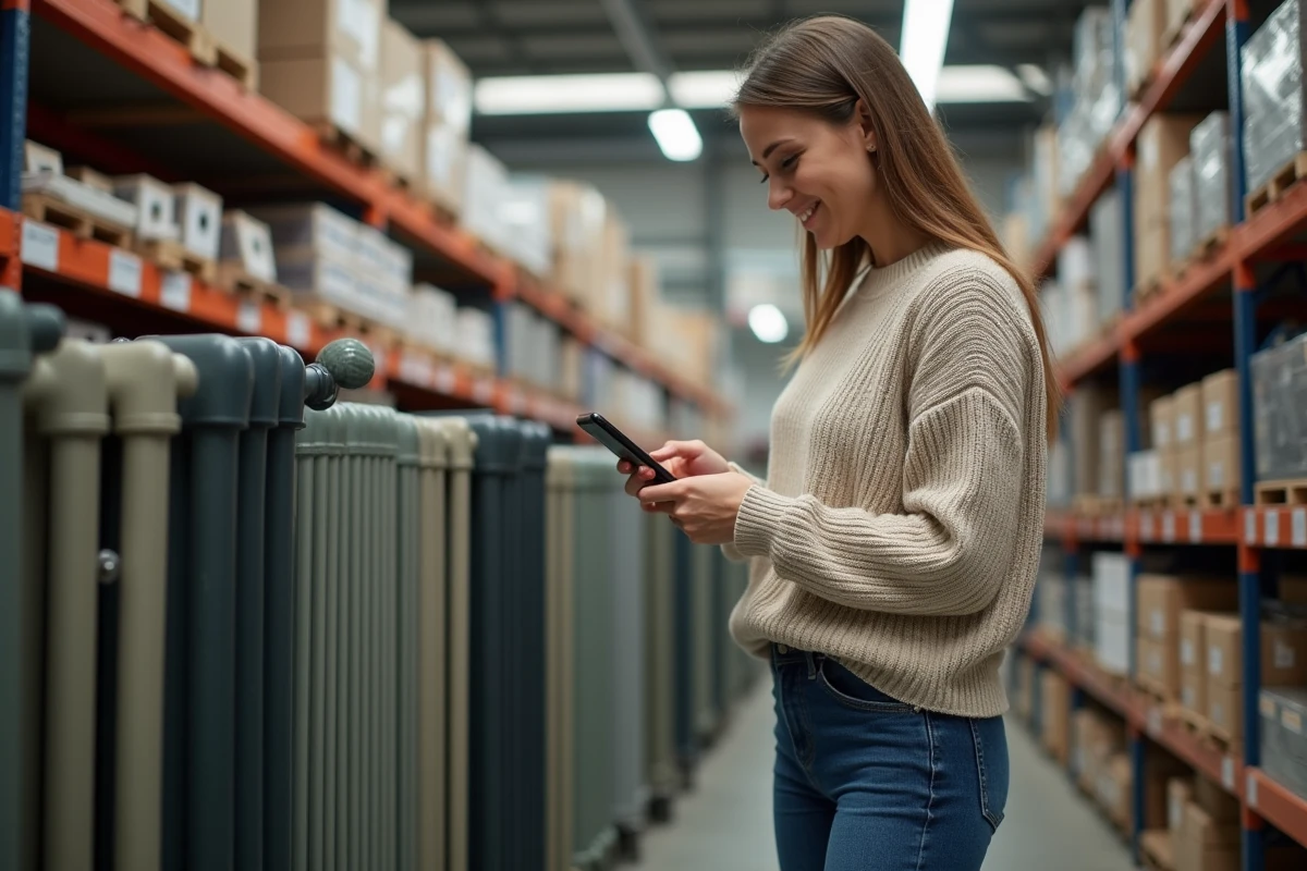 Femme regardant une étiquette de radiateur en magasin